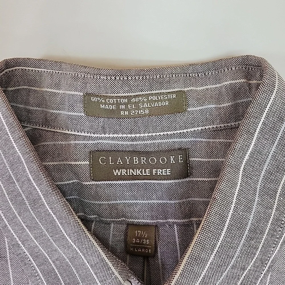 Claybrooke‎ Men's Dress Shirt Wrinkle Free Size 17.5 34/35 Striped Brown Preppy